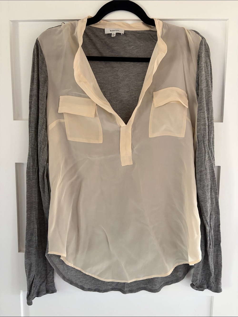 Babaton Cream Sheer Front Blouse with Gray Knit Back and Sleeves